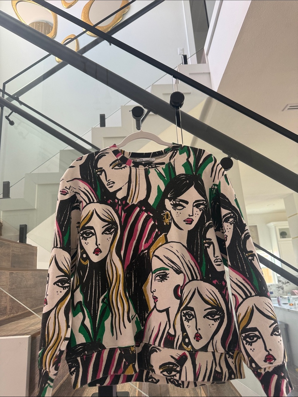 Zara Graphic Faces Sweater in Cream, Black, Green & Pink